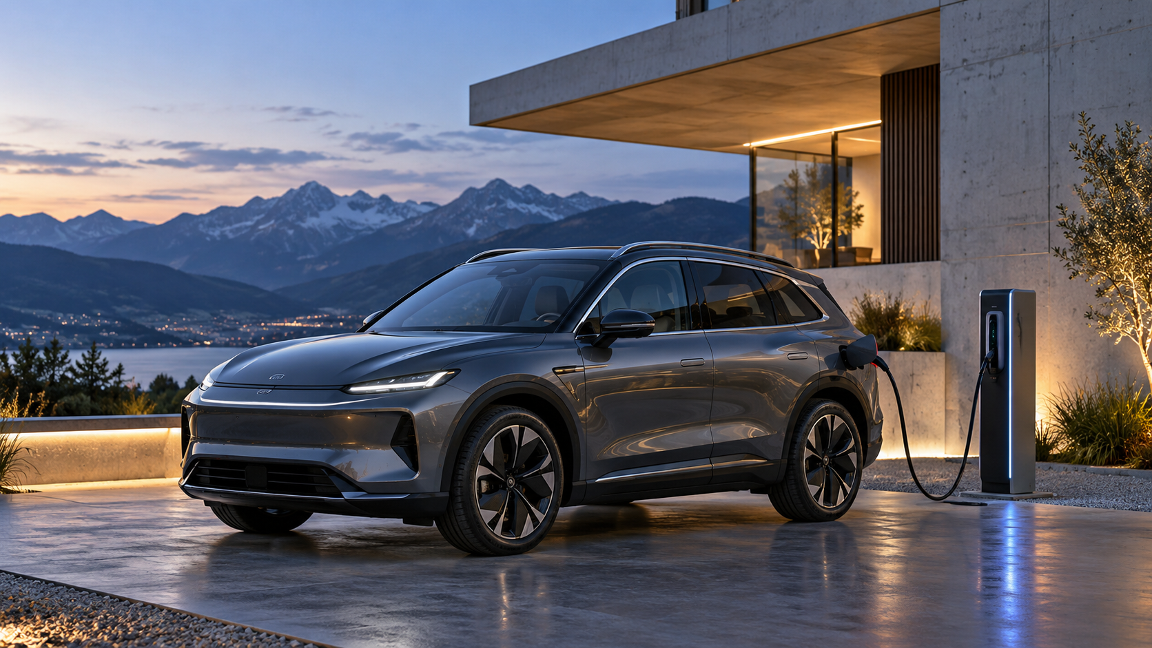 KI-Illustration eines Elektroautos an einer Ladestation in den Alpen